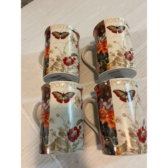 Konitz Germany Cottagecore Mugs Set 4 Butterfly Bird Tea Coffee Cups Floral - Picture 2 of 6